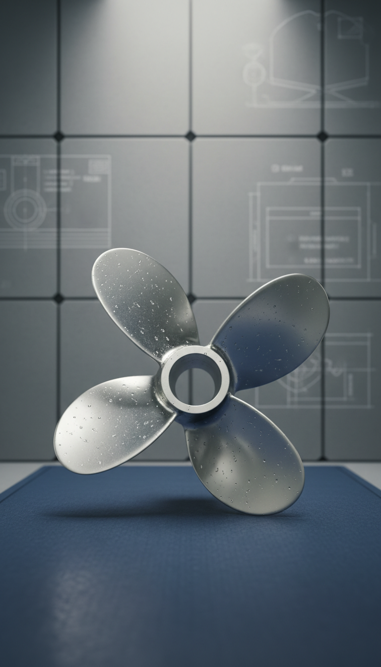 A meticulously polished stainless steel ship propeller resting on a matte, navy-blue rubberized work mat, with fine water droplets on the blades emphasizing their sleek, reflective finish. The propeller is set against a minimalist backdrop of subtly textured gray wall panels, with the faint outline of technical schematics in the distance. Soft, diffused overhead lighting creates gentle highlights on the metal's curves and subtle, elegant gradients across the surface. The composition uses a centered, slightly elevated angle with a shallow depth of field, giving the propeller prominence and creating an atmosphere of precision and sophistication. The overall photographic image is clean, understated, and exemplifies reliability.