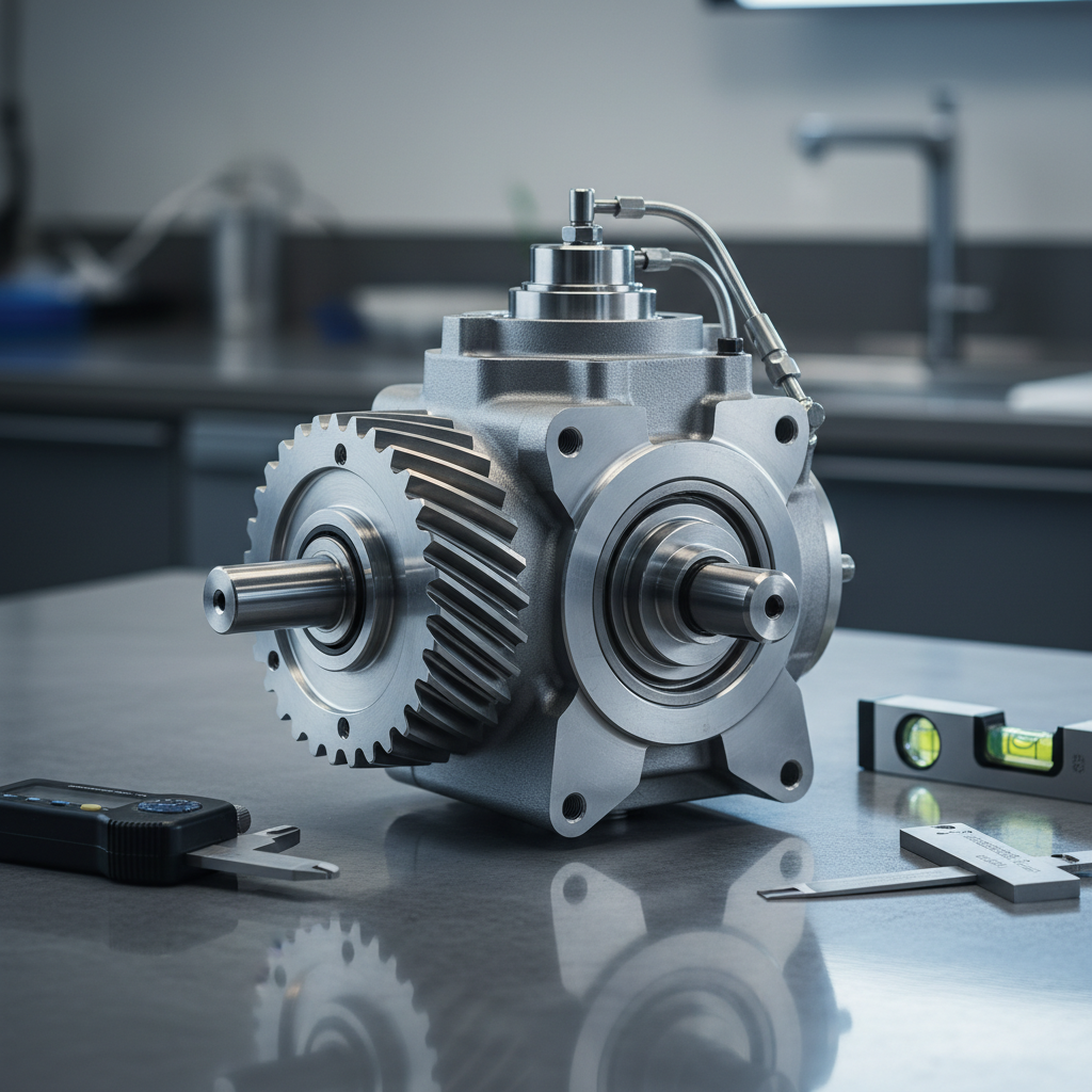 A close-up view of a premium marine gearbox component, precision-machined from brushed aluminum and titanium, with intricate grooves and finely detailed mechanical parts visible. It is positioned on a smooth, slate-gray countertop with faint reflections, surrounded by minimalist calibration tools arranged in a deliberate, uncluttered manner. Cool, neutral-toned studio lighting softly illuminates the scene, casting subtle shadows that accentuate the high-quality materials and expert craftsmanship. Captured at eye-level with balanced rule of thirds composition, the image conveys a mood of refined expertise and technical mastery, perfectly complementing the sophisticated and elegant personality of the brand.