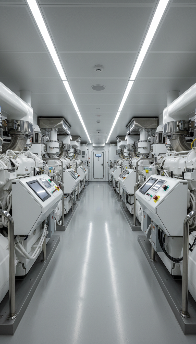 A panoramic view of a modern, high-tech marine engine room featuring symmetrical rows of pristine, white and silver engine components and polished control panels. The environment is spotlessly clean, with subtle reflections on the floor and elegant lines throughout the space. Indirect linear LED lighting casts a soft, even glow, creating neutral highlights along the machinery and gentle shadows in recessed spaces. Shot from a slightly elevated wide angle with sharp detail throughout, the photographic composition highlights order, efficiency, and reliability. The mood is calm, controlled, and exudes an air of professional sophistication.